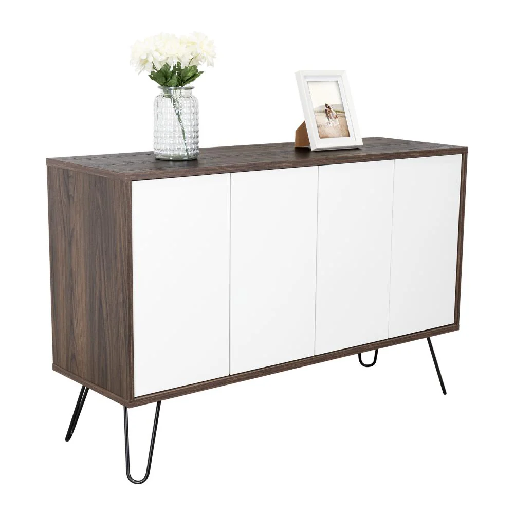 MESA AUXILIAR LARA, CAOBA Y BLANCO, CON VARIOS ENTREPAÑOS Y PATAS METÁLICAS