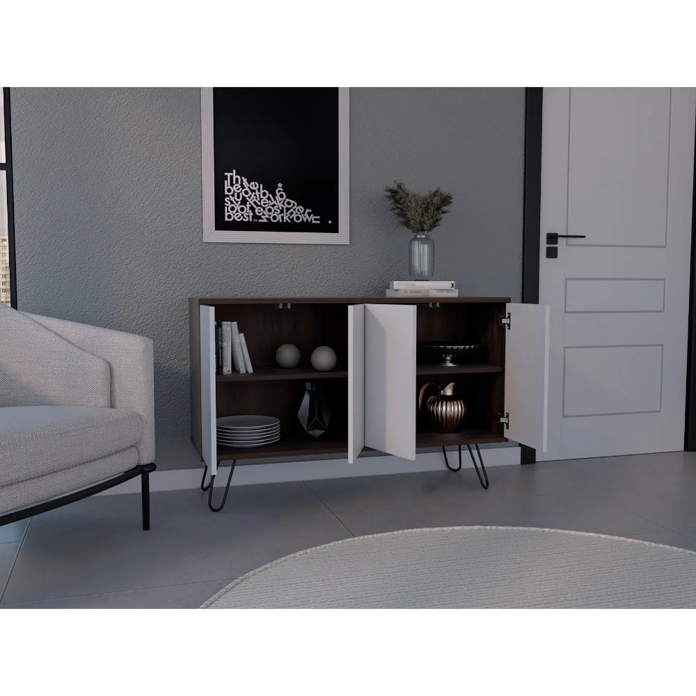 MESA AUXILIAR LARA, CAOBA Y BLANCO, CON VARIOS ENTREPAÑOS Y PATAS METÁLICAS - Image 5
