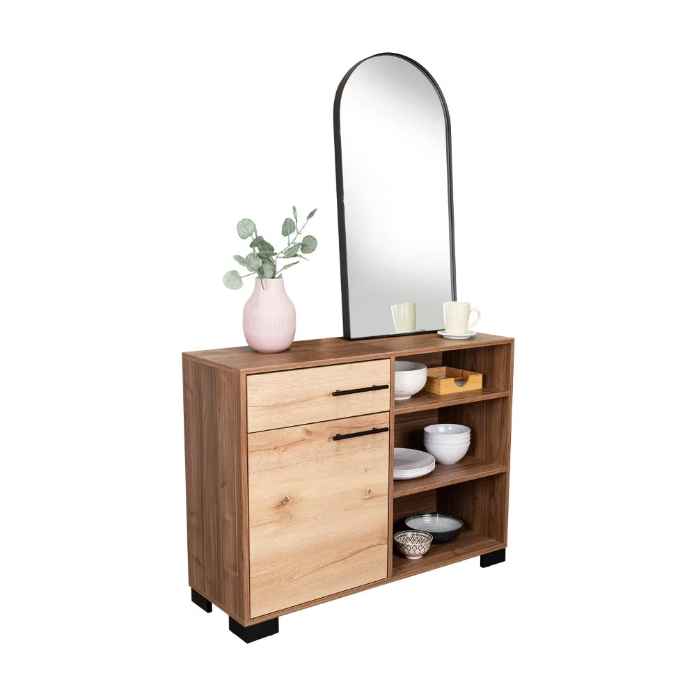 MESA AUXILIAR MARSELLA, CASTAÑO, CON CAJÓN CON RIEL EXTENSIÓN TOTAL Y UNA PUERTA BATIENTE