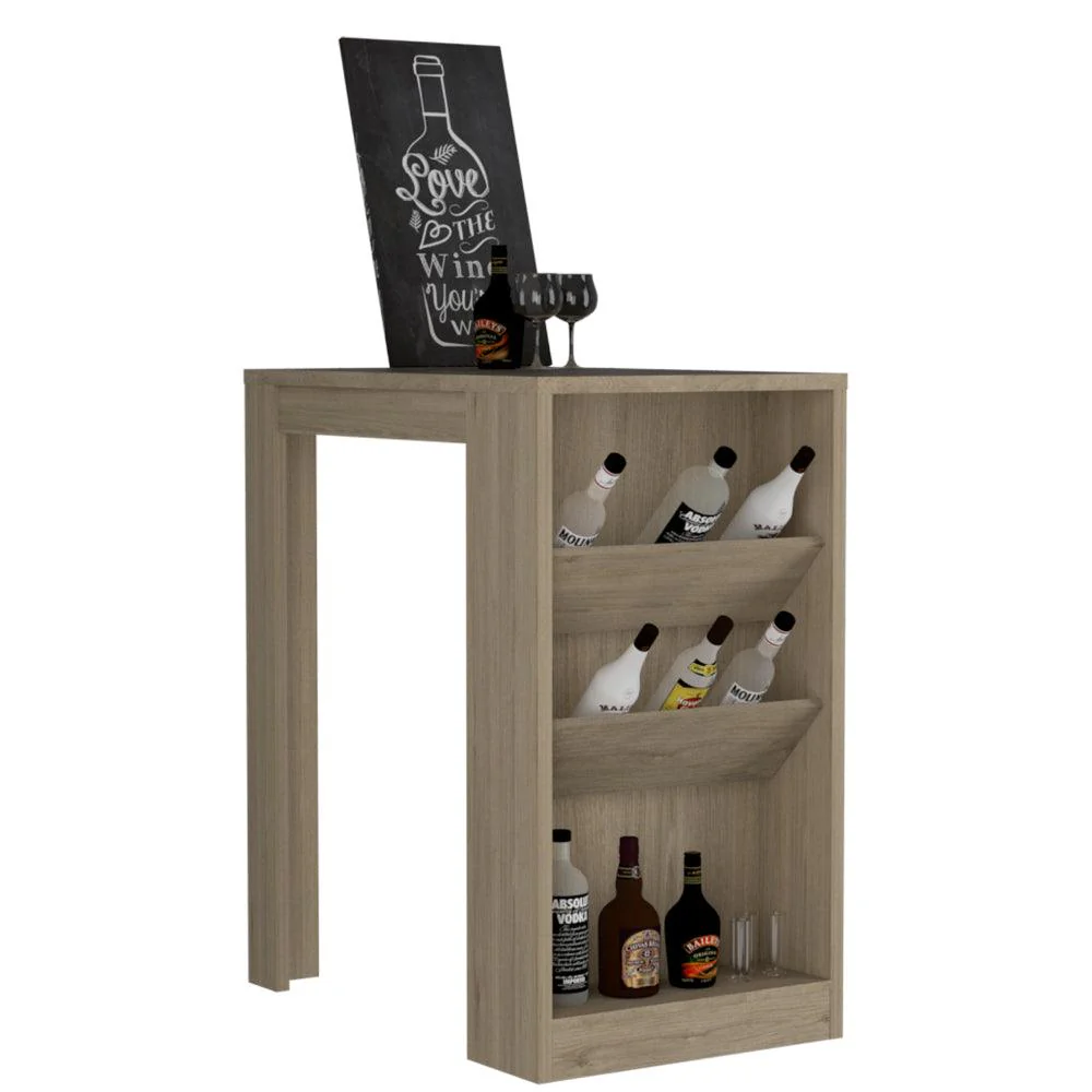 MESA DE BAR CELESTE, BEIGE, CON TRES ESTANTES PARA BOTELLAS