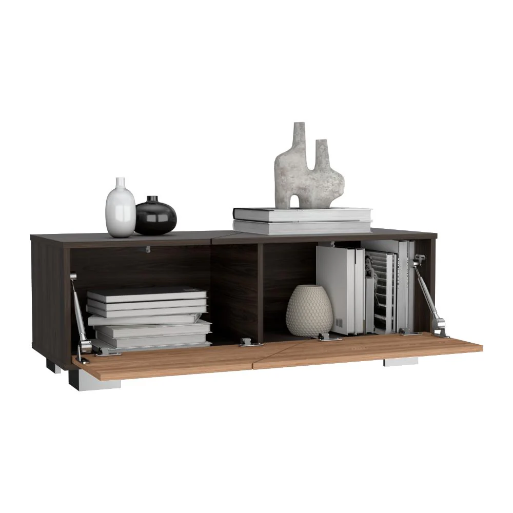 MESA DE CENTRO ORUS, NOGAL Y MIEL, CON UNA PUERTA Y PATAS DE ACERO