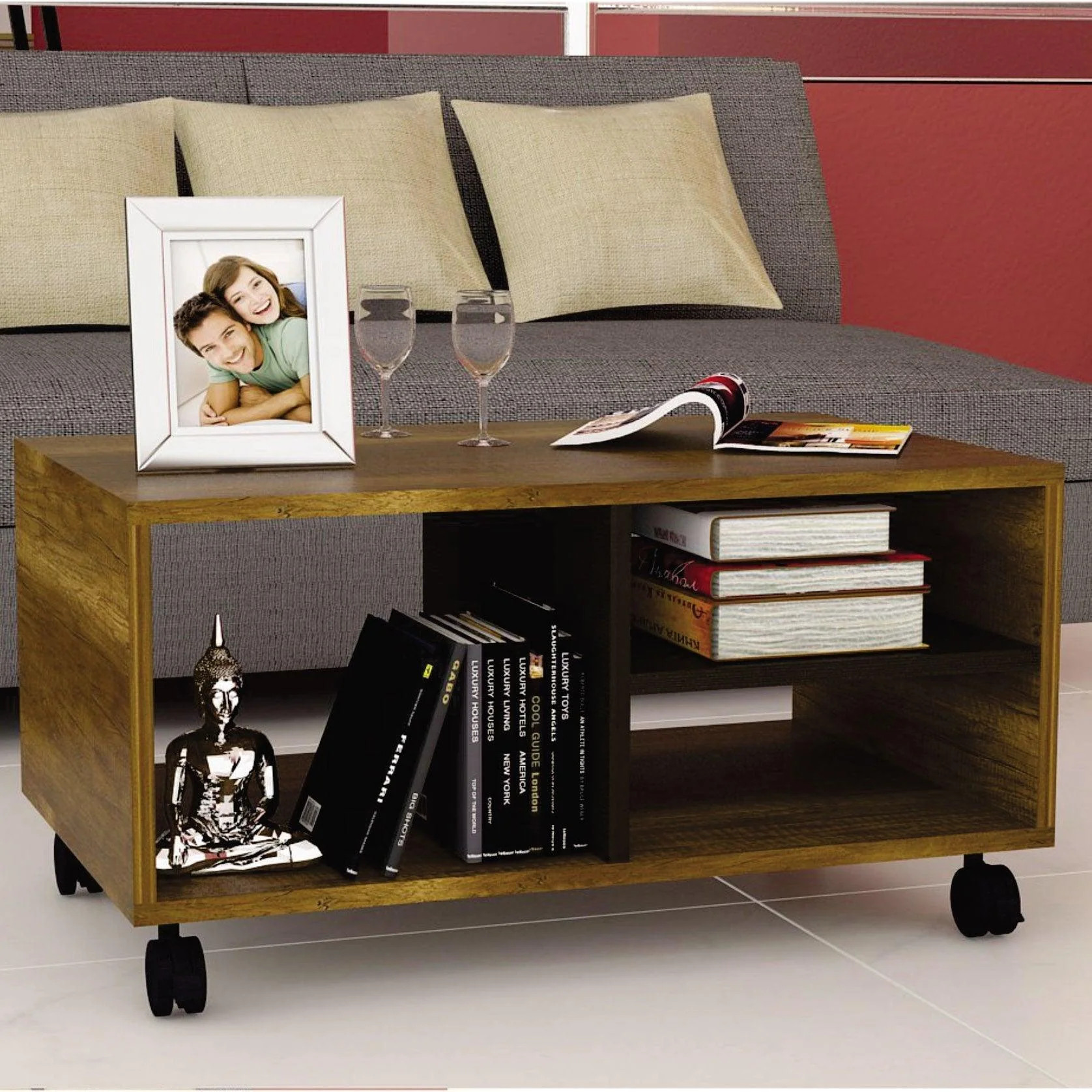 MESA DE CENTRO CLASIC, COBRE Y WENGUE, CON RODACHINAS EN NYLON PARA SU FÁCIL DESPLAZAMIENTO - Image 5