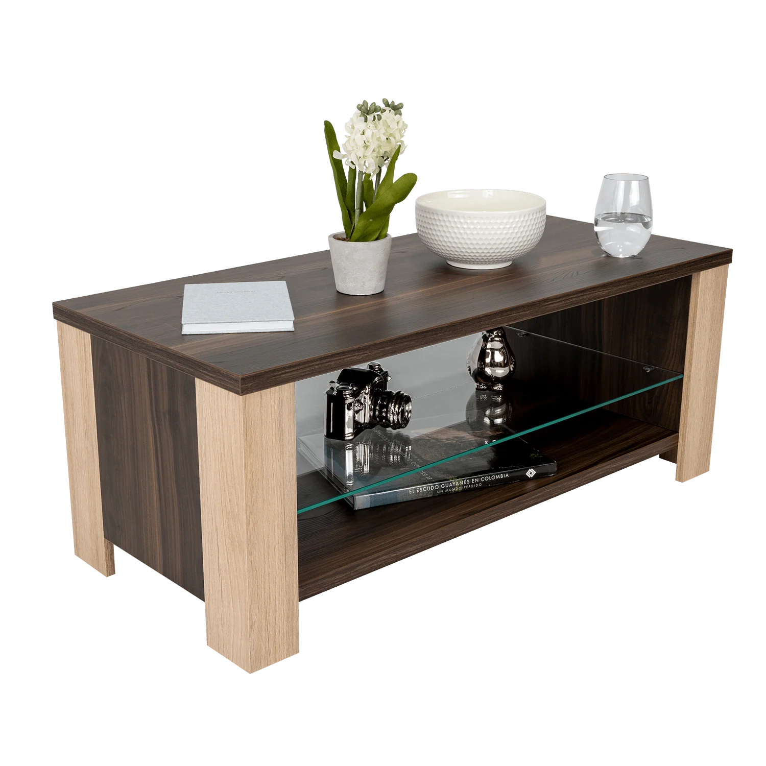 MESA DE CENTRO MÁLAGA, CAOBA Y BEIGE, CON DOS ENTREPAÑOS INFERIORES