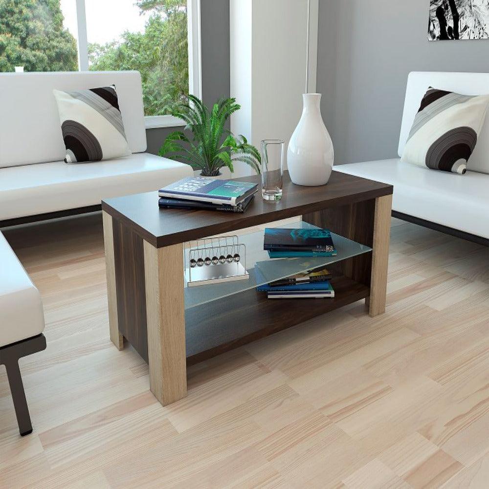 MESA DE CENTRO MÁLAGA, CAOBA Y BEIGE, CON DOS ENTREPAÑOS INFERIORES - Image 3