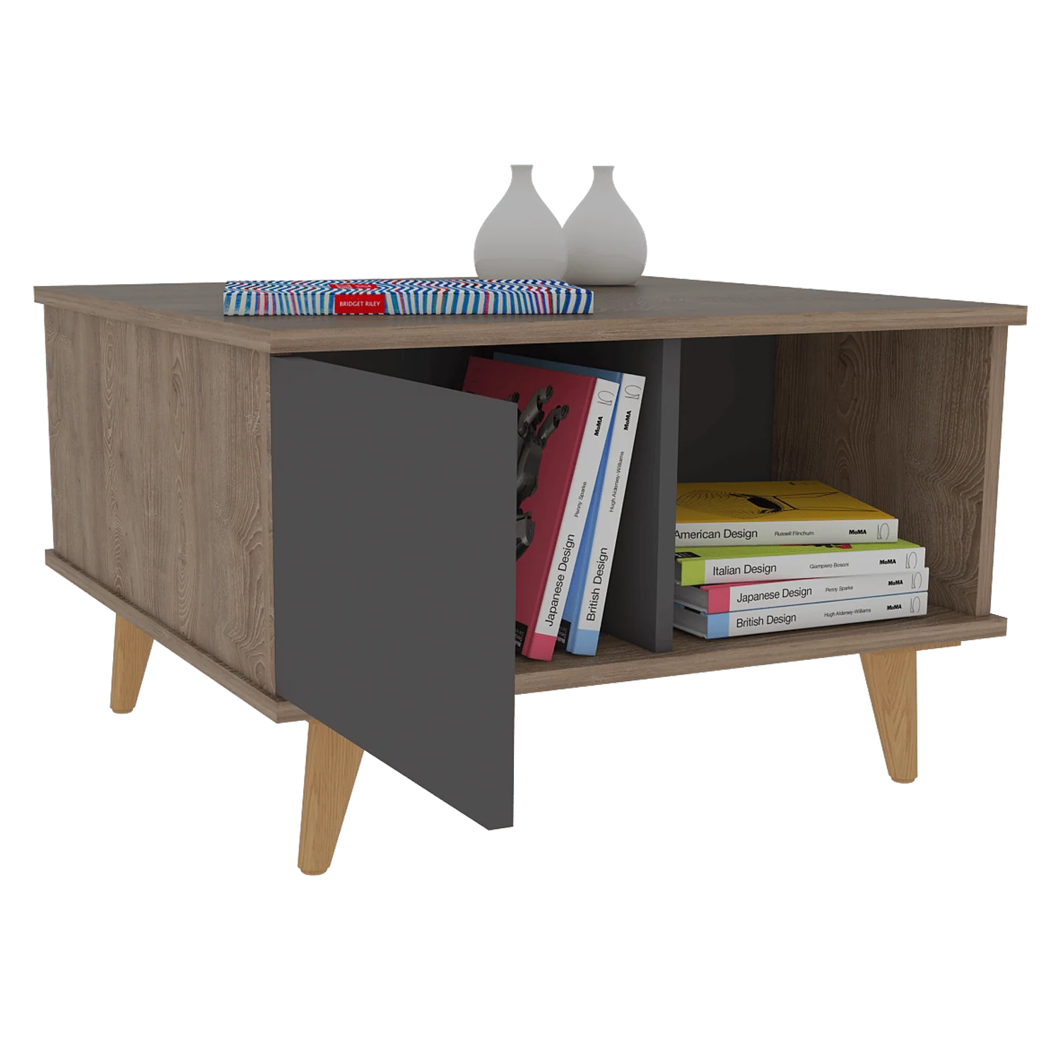 MESA DE CENTRO NASHIRA 63, MIEL Y PLATA OSCURO, CON UNA PUERTA Y PATAS DE MADERA