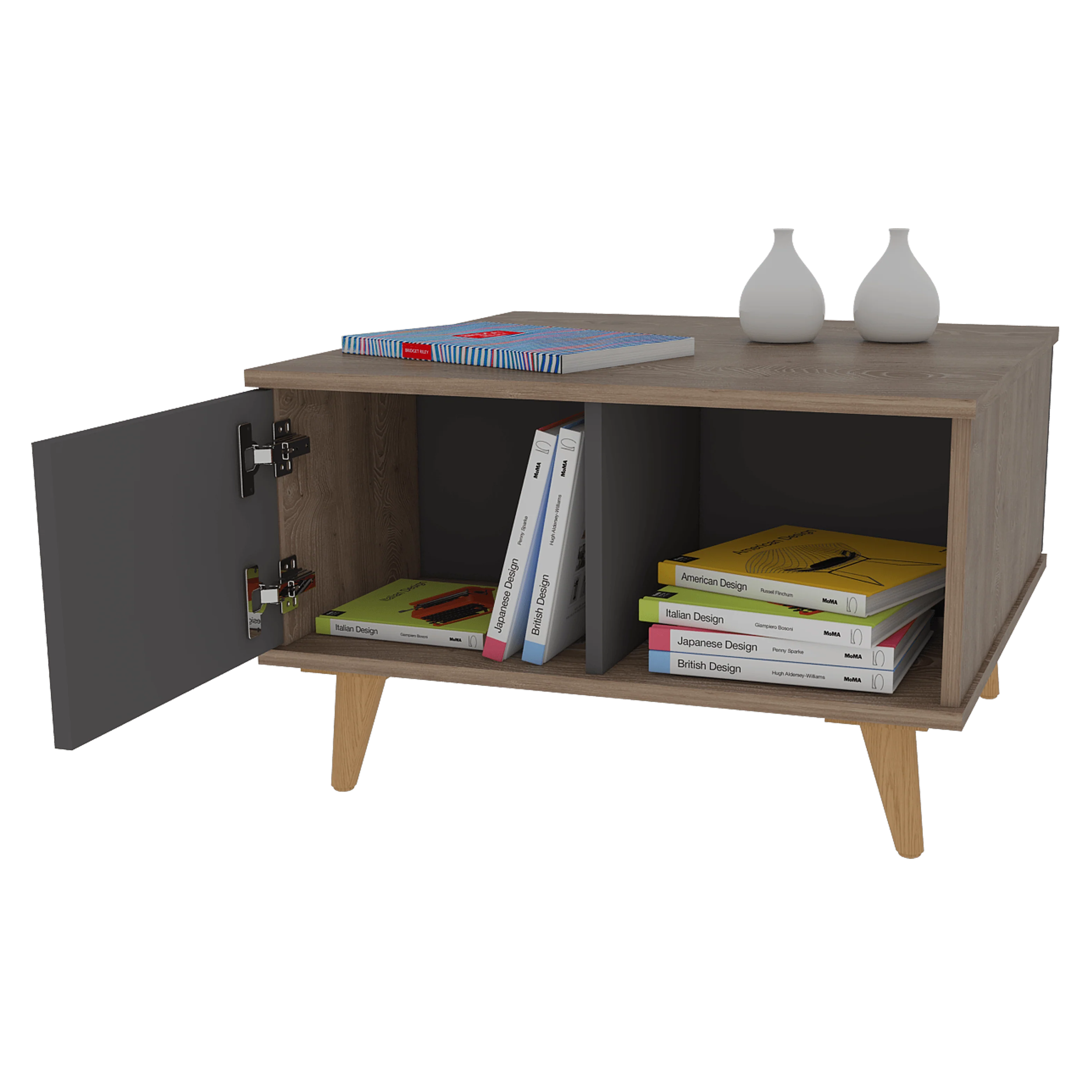 MESA DE CENTRO NASHIRA 63, MIEL Y PLATA OSCURO, CON UNA PUERTA Y PATAS DE MADERA - Image 3