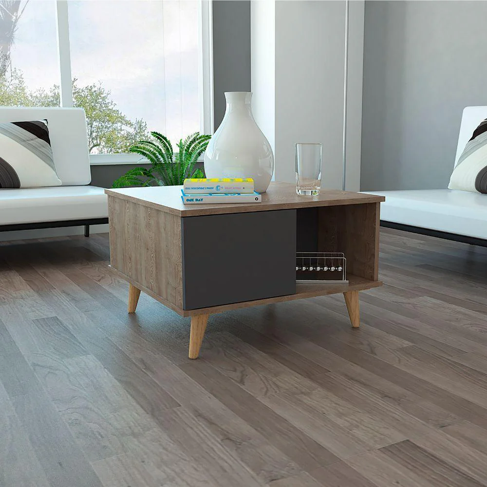 MESA DE CENTRO NASHIRA 63, MIEL Y PLATA OSCURO, CON UNA PUERTA Y PATAS DE MADERA - Image 4