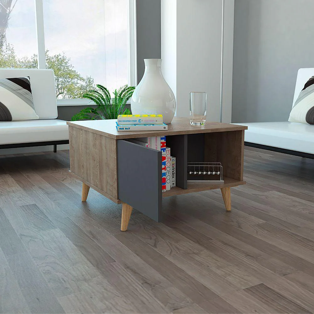 MESA DE CENTRO NASHIRA 63, MIEL Y PLATA OSCURO, CON UNA PUERTA Y PATAS DE MADERA - Image 5