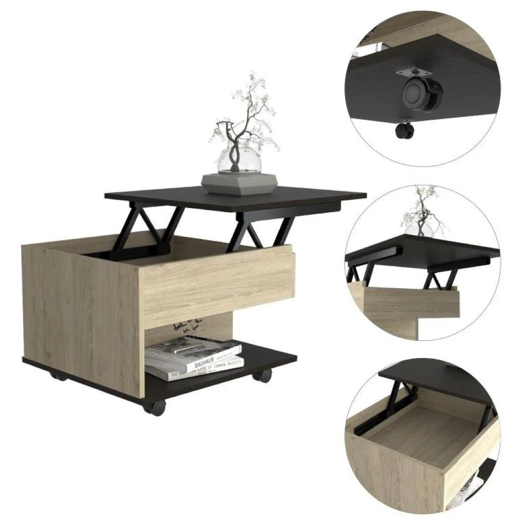 MESA DE CENTRO SALENTO, BEIGE Y WENGUE, CON UN CAJÓN INTERNO MULTIUSOS - Image 2