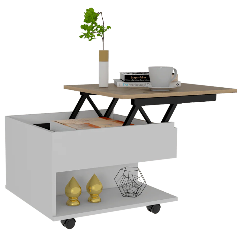 MESA DE CENTRO SALENTO, BLANCO Y CAFÉ CLARO, CON ESPACIO EXTENSIBLE Y RODACHINAS DE FRENO ZF