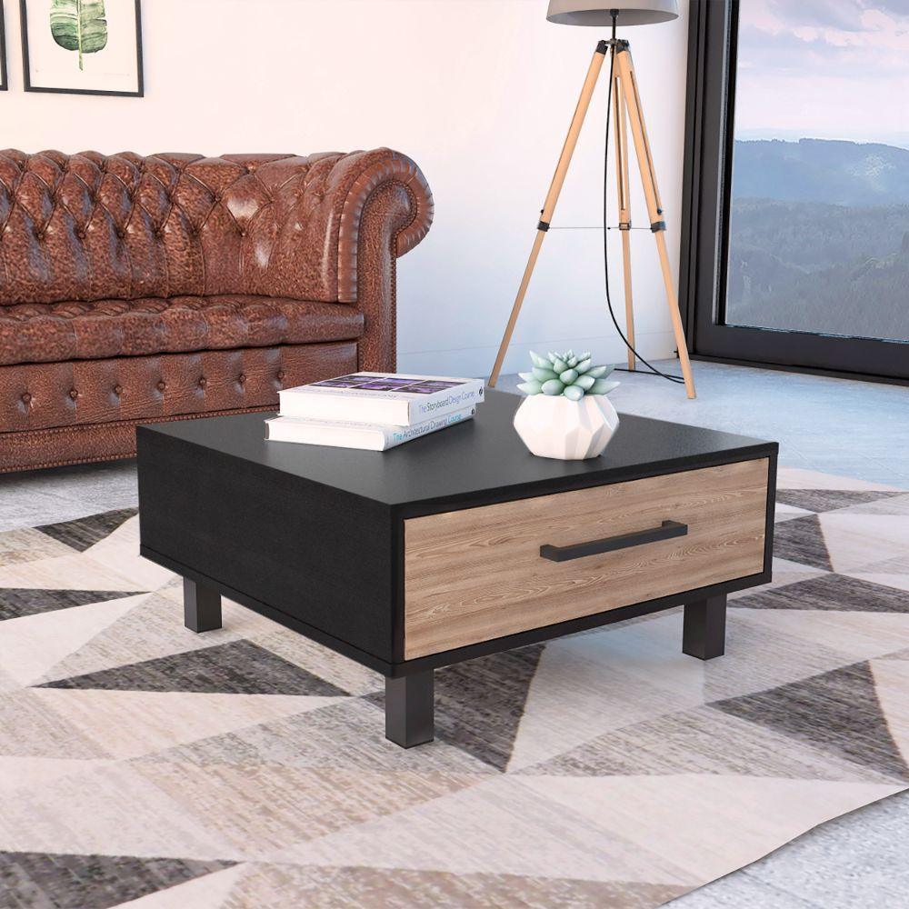 MESA DE CENTRO WESLEY, WENGUE Y MIEL, CON UN CAJÓN AMPLIO Y PATAS EN ACERO - Image 3