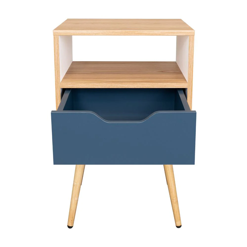 MESA DE NOCHE ALESIO, FRESNO EUROPEO Y BLANCO KRONOS AZUL, CON PATAS EN MADERA Y UN CAJÓN - Image 10