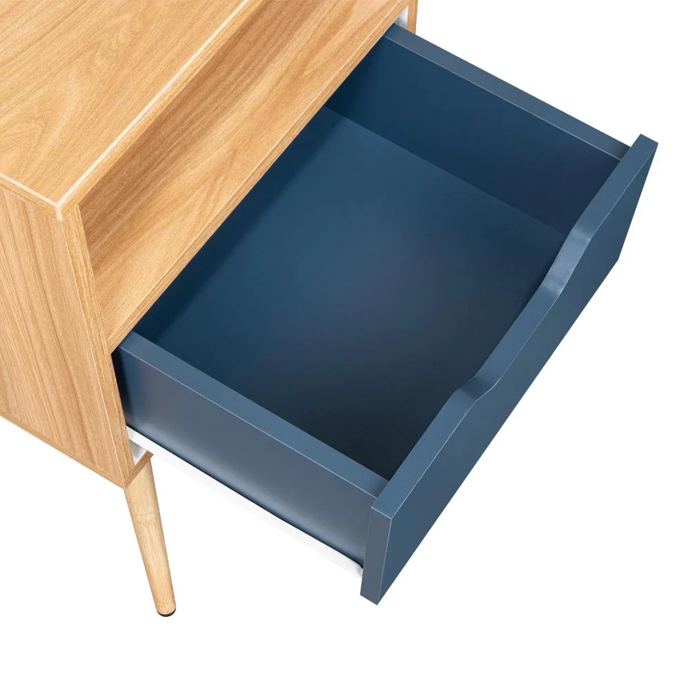 MESA DE NOCHE ALESIO, FRESNO EUROPEO Y BLANCO KRONOS AZUL, CON PATAS EN MADERA Y UN CAJÓN - Image 11