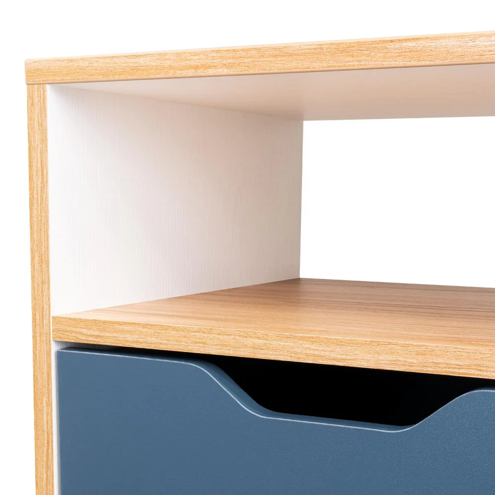 MESA DE NOCHE ALESIO, FRESNO EUROPEO Y BLANCO KRONOS AZUL, CON PATAS EN MADERA Y UN CAJÓN - Image 12