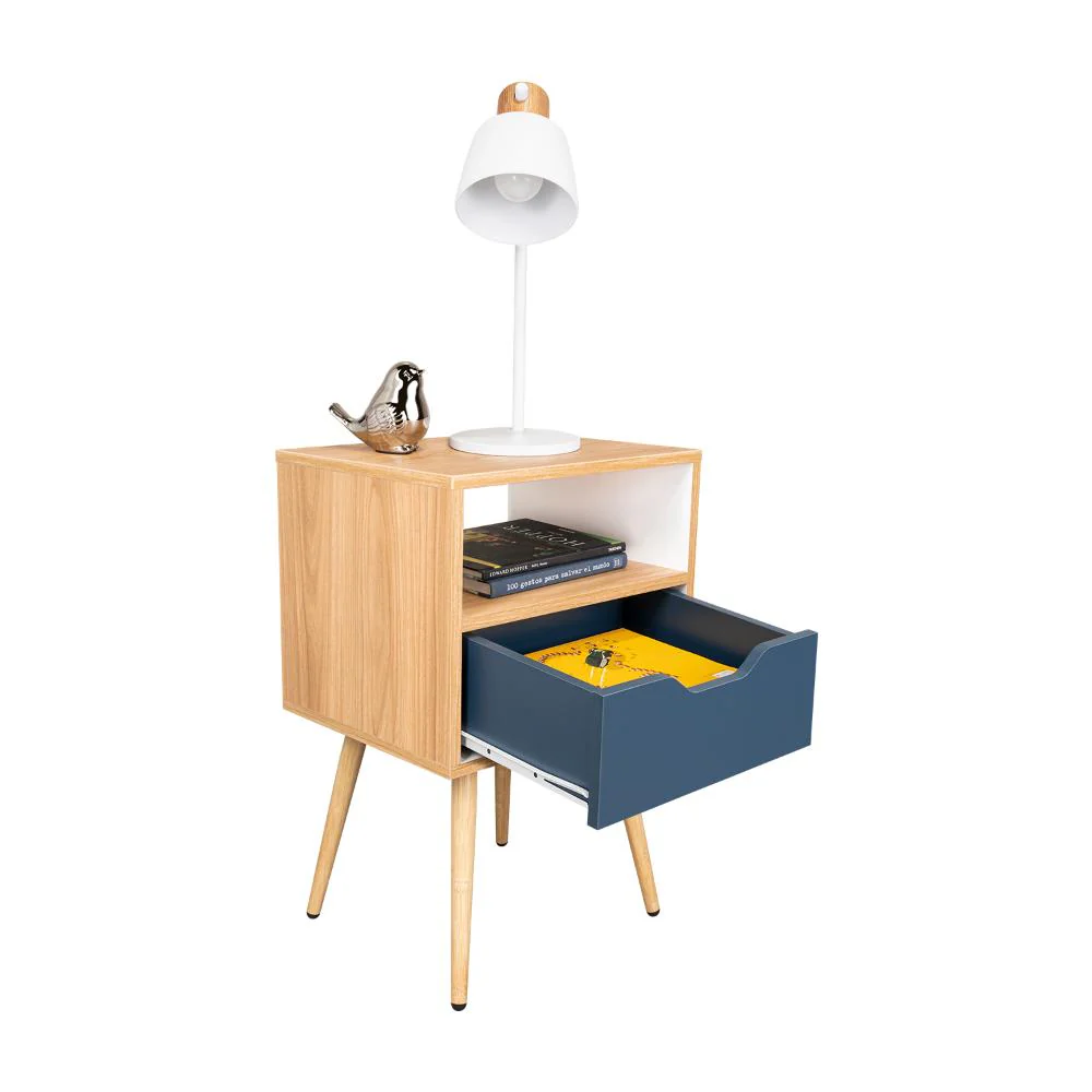 MESA DE NOCHE ALESIO, FRESNO EUROPEO Y BLANCO KRONOS AZUL, CON PATAS EN MADERA Y UN CAJÓN - Image 2