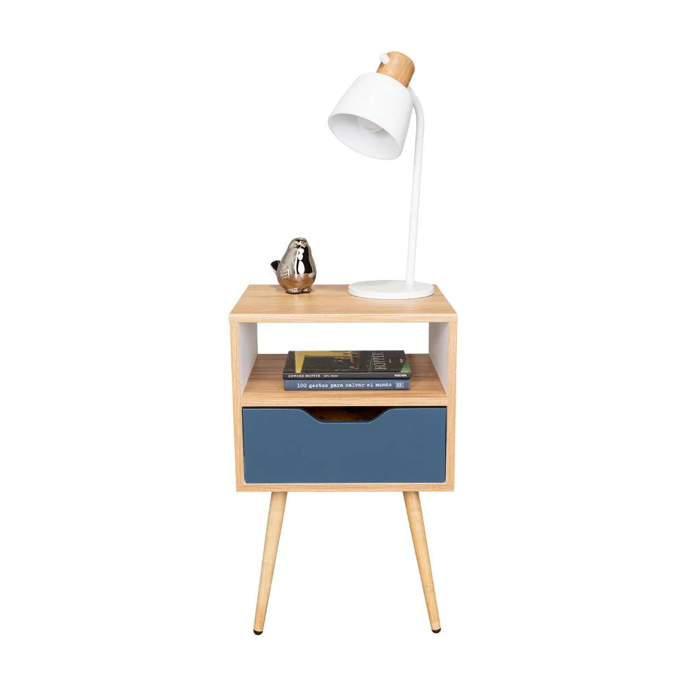 MESA DE NOCHE ALESIO, FRESNO EUROPEO Y BLANCO KRONOS AZUL, CON PATAS EN MADERA Y UN CAJÓN - Image 3