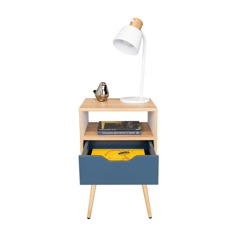 MESA DE NOCHE ALESIO, FRESNO EUROPEO Y BLANCO KRONOS AZUL, CON PATAS EN MADERA Y UN CAJÓN - Image 4