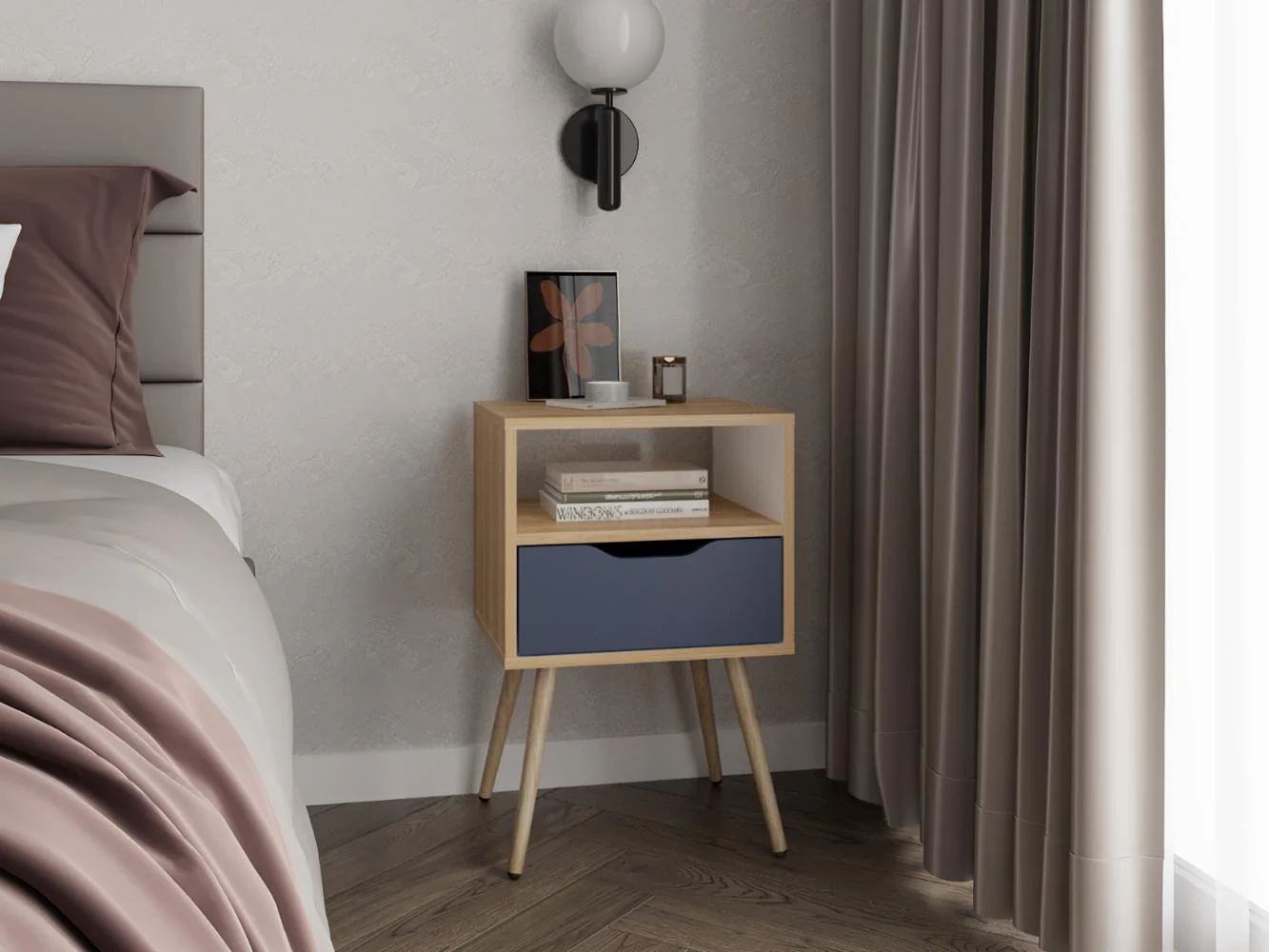 MESA DE NOCHE ALESIO, FRESNO EUROPEO Y BLANCO KRONOS AZUL, CON PATAS EN MADERA Y UN CAJÓN - Image 5