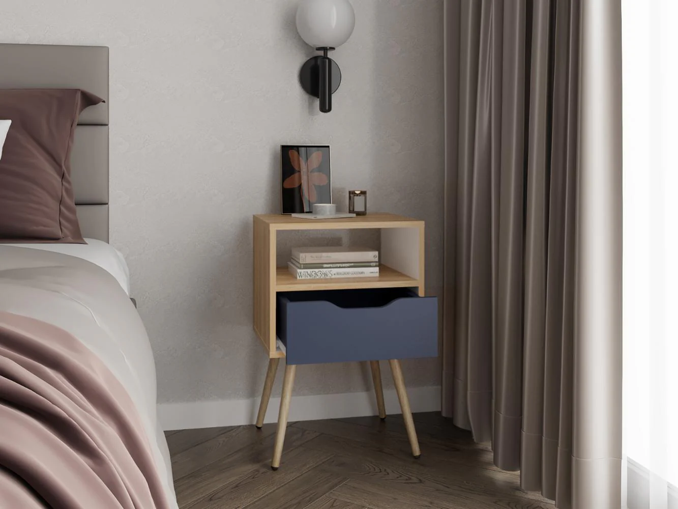 MESA DE NOCHE ALESIO, FRESNO EUROPEO Y BLANCO KRONOS AZUL, CON PATAS EN MADERA Y UN CAJÓN - Image 6
