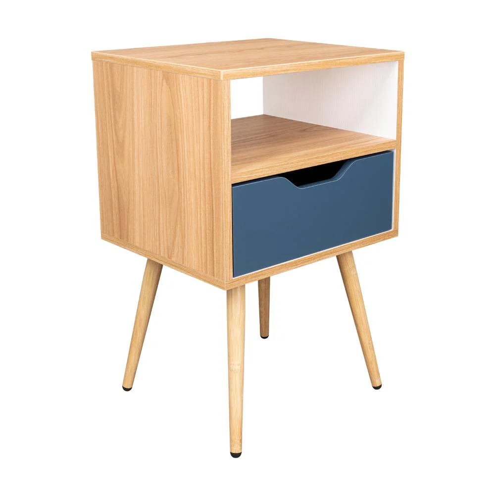MESA DE NOCHE ALESIO, FRESNO EUROPEO Y BLANCO KRONOS AZUL, CON PATAS EN MADERA Y UN CAJÓN - Image 7