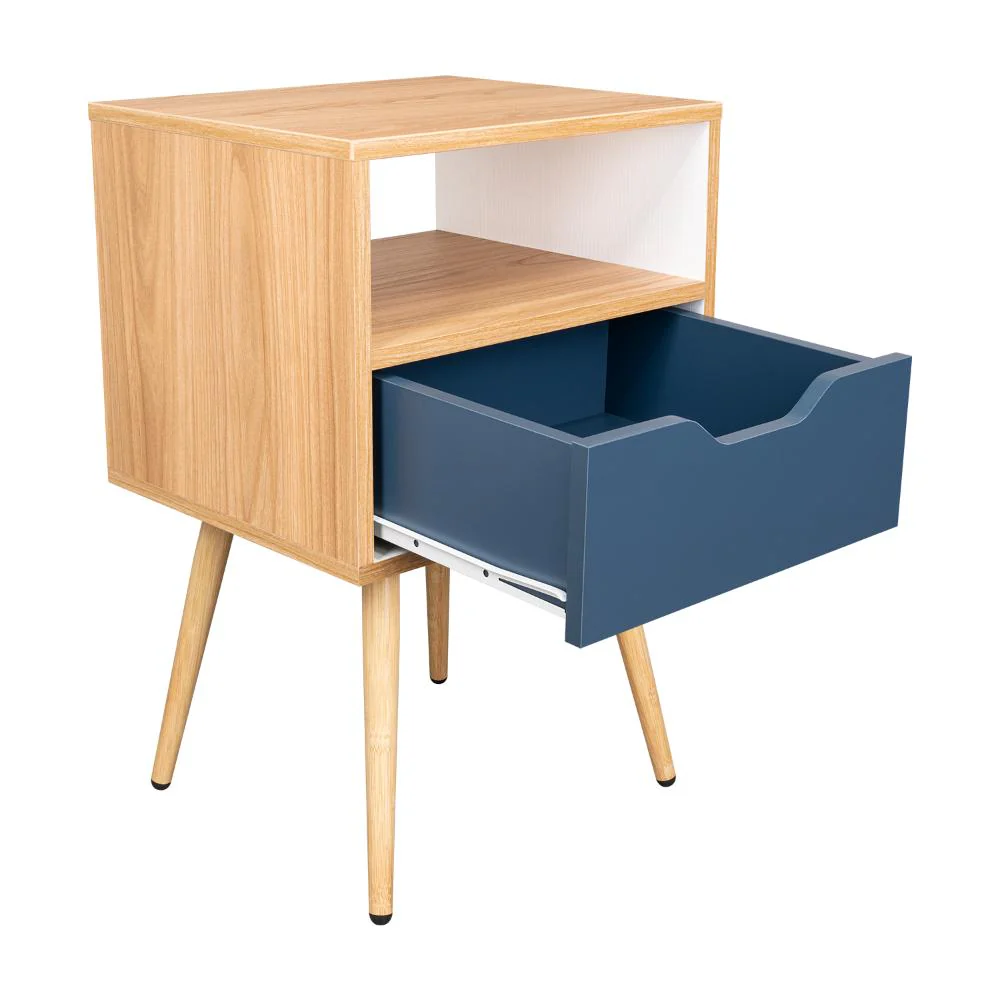 MESA DE NOCHE ALESIO, FRESNO EUROPEO Y BLANCO KRONOS AZUL, CON PATAS EN MADERA Y UN CAJÓN - Image 8