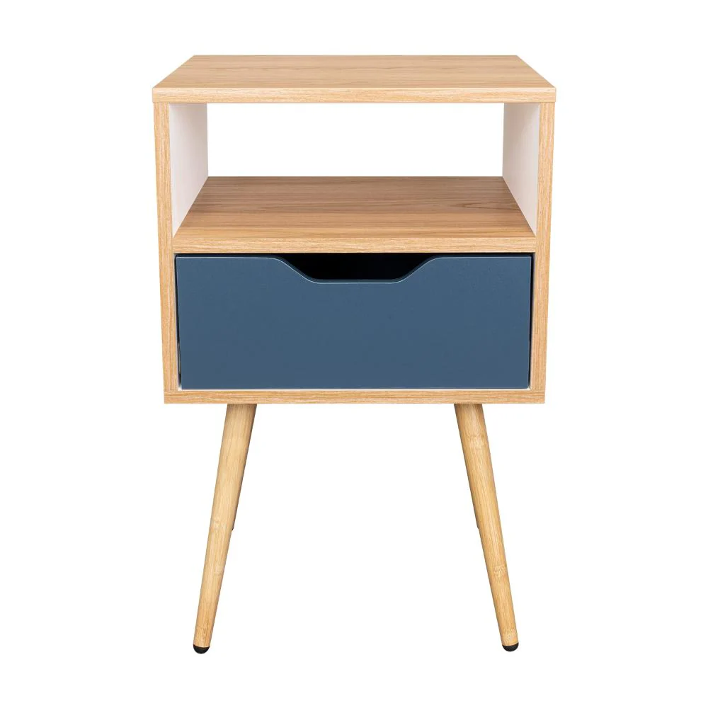 MESA DE NOCHE ALESIO, FRESNO EUROPEO Y BLANCO KRONOS AZUL, CON PATAS EN MADERA Y UN CAJÓN - Image 9