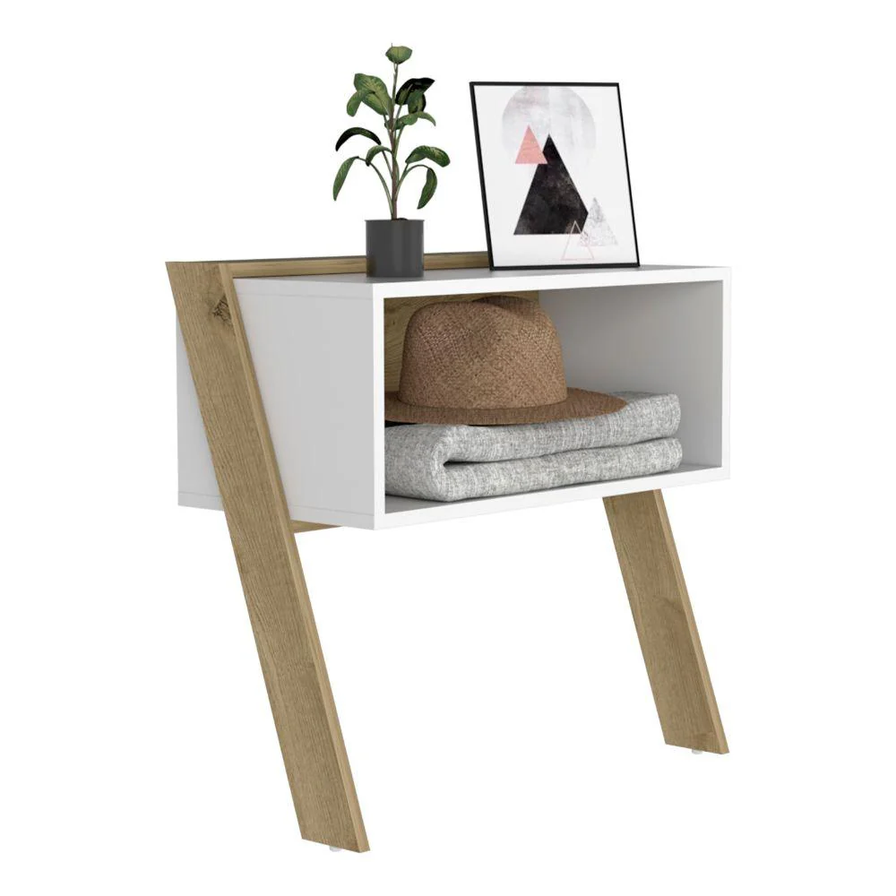 MESA DE NOCHE BREMA, CAFÉ CLARO Y BLANCO NEVADO, CON DOS PATAS Y DISEÑO MODERNO