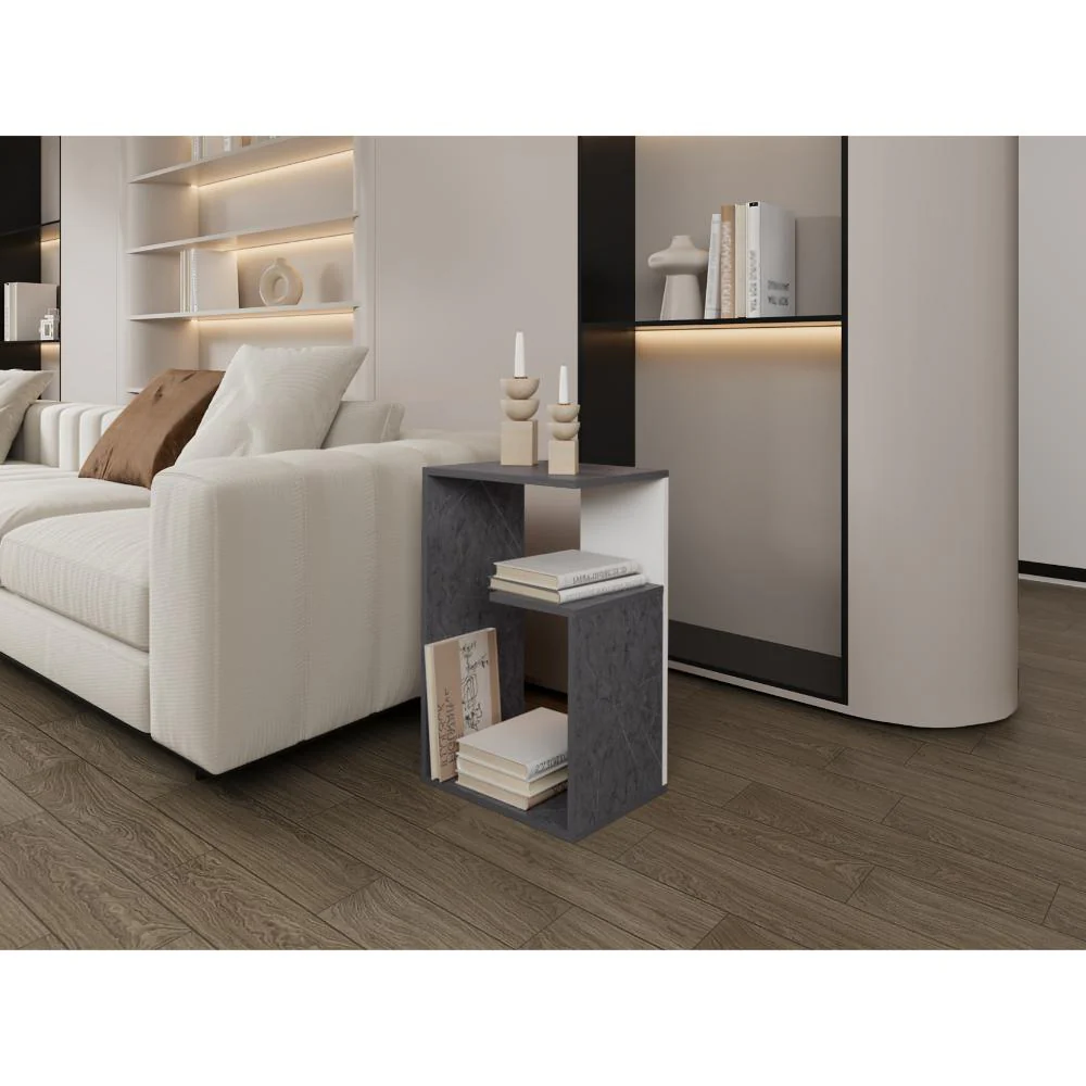 MESA DE NOCHE EVERT, PIEDRA Y BLANCO DUQUEZA, CON DISEÑO MODERNO Y ESPACIO PARA UBICAR OBJETOS ZF - Image 2