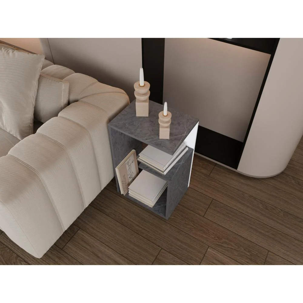 MESA DE NOCHE EVERT, PIEDRA Y BLANCO DUQUEZA, CON DISEÑO MODERNO Y ESPACIO PARA UBICAR OBJETOS ZF - Image 3