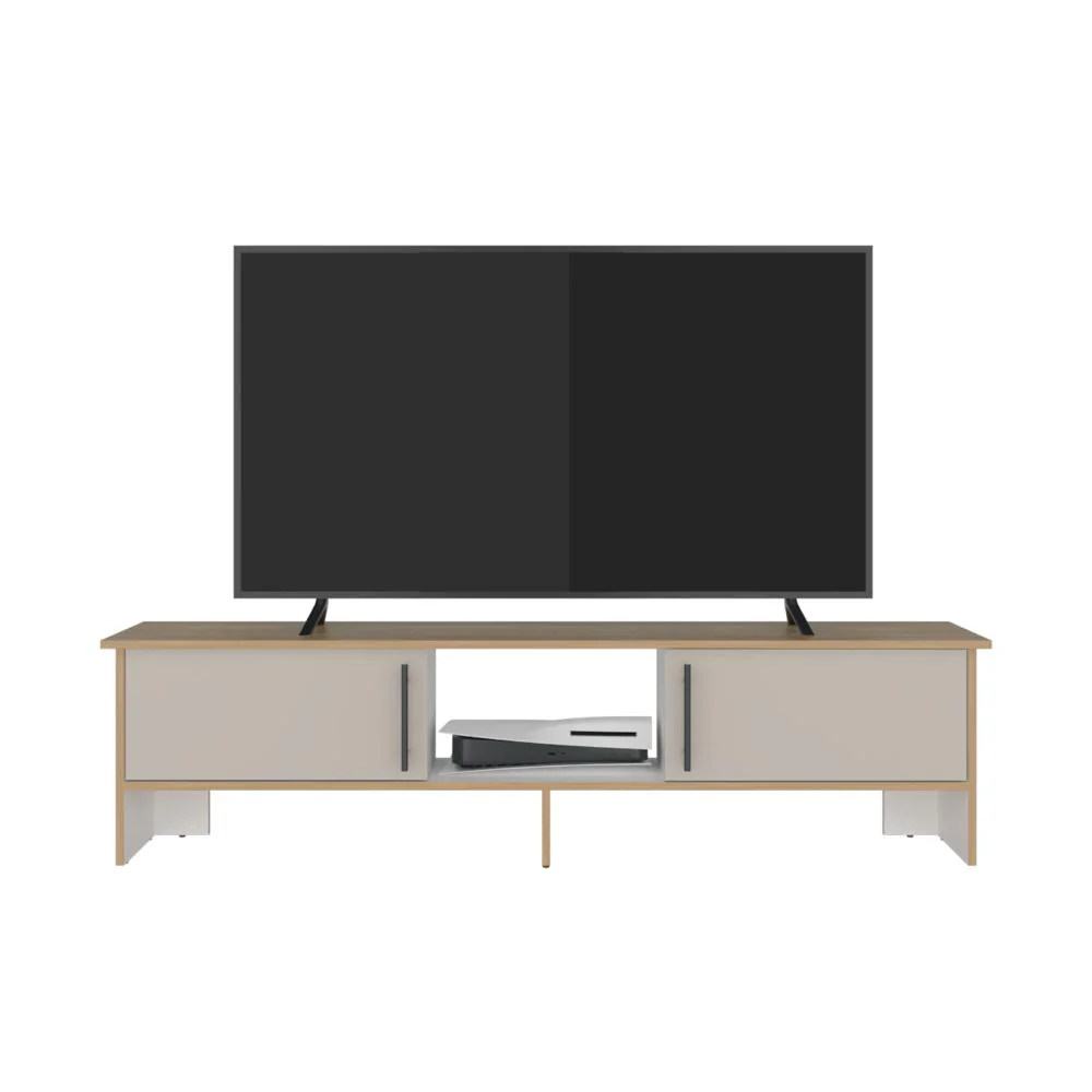 Mesa Para Tv Dago, Fresno Europeo y Blanco, Para Televisor de Hasta 65 Pulgadas con dos puertas