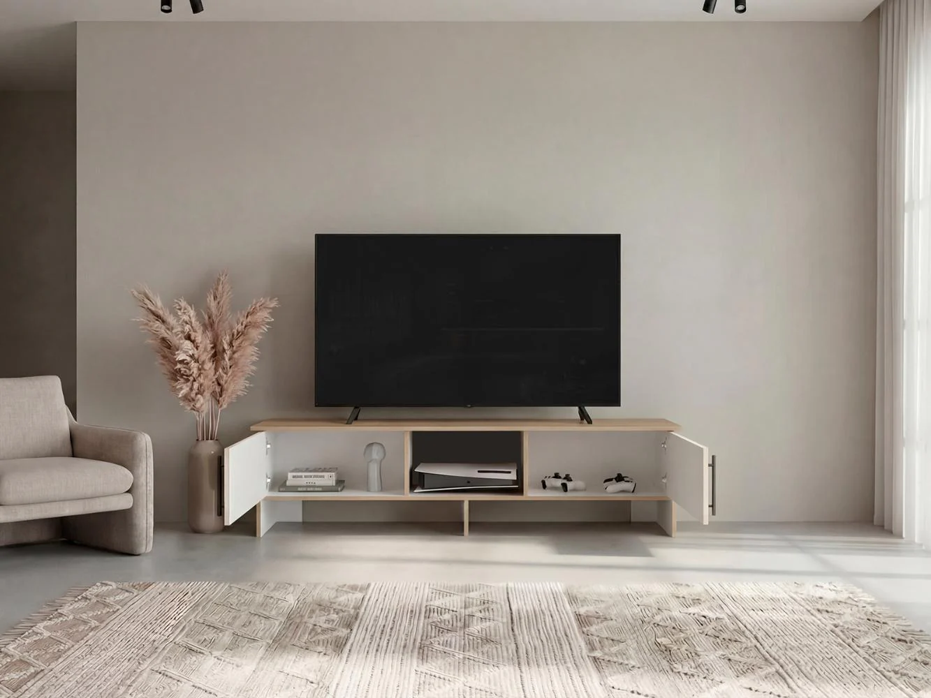 Mesa Para Tv Dago, Fresno Europeo y Blanco, Para Televisor de Hasta 65 Pulgadas con dos puertas - Image 5