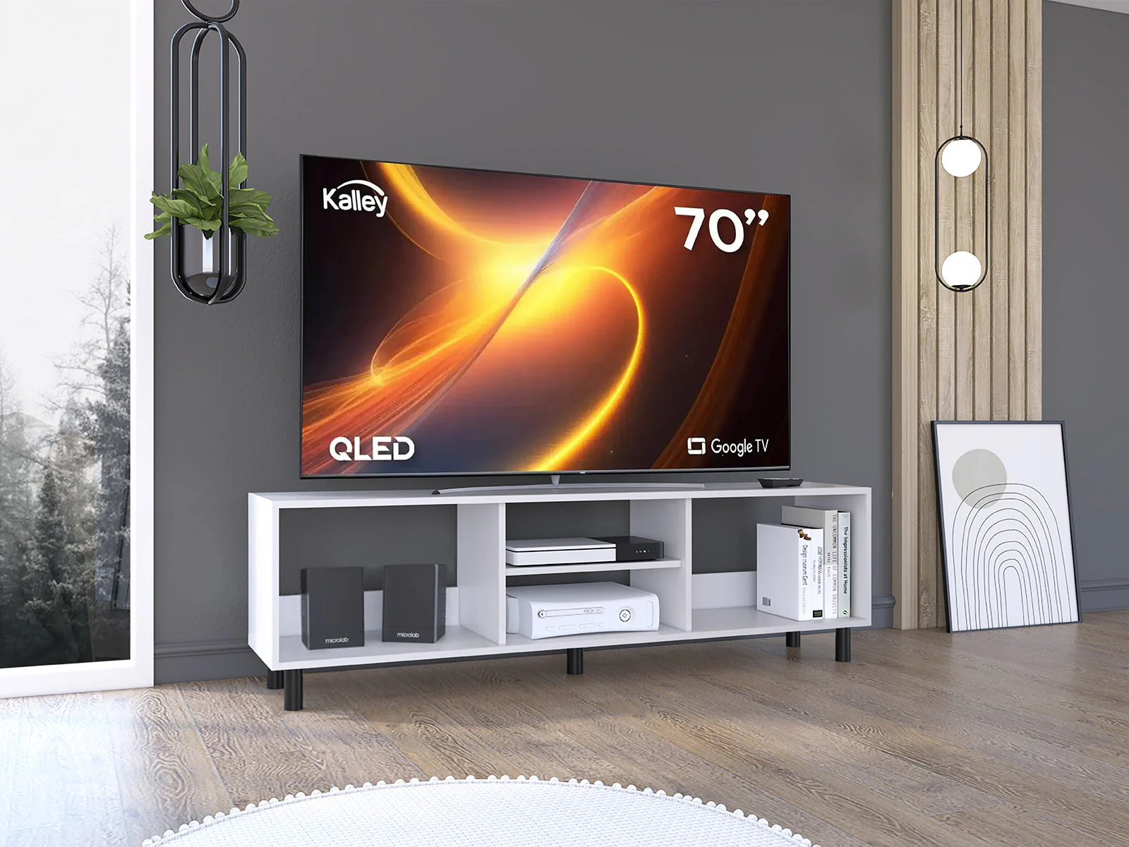 MESA PARA TV TUNEZ, BLANCO DUQUEZA, PARA TELEVISOR HASTA 70 PULGADAS