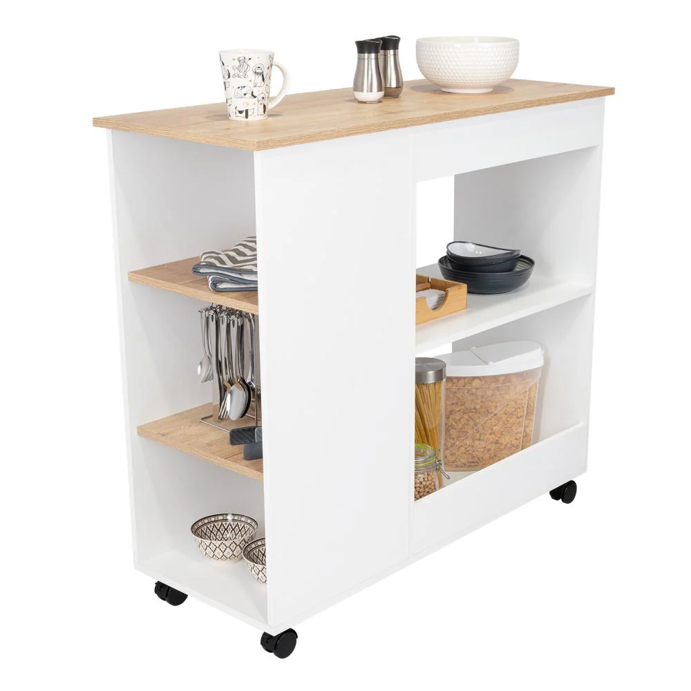 MESA AUXILIAR DE COCINA CORALYN, BLANCO Y CAFÉ CLARO, CON TRES ENTREPAÑOS Y RODACHINES