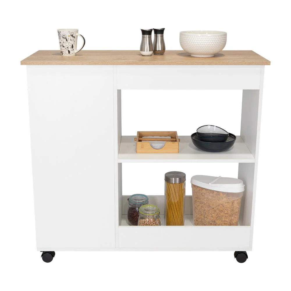 MESA AUXILIAR DE COCINA CORALYN, BLANCO Y CAFÉ CLARO, CON TRES ENTREPAÑOS Y RODACHINES - Image 2