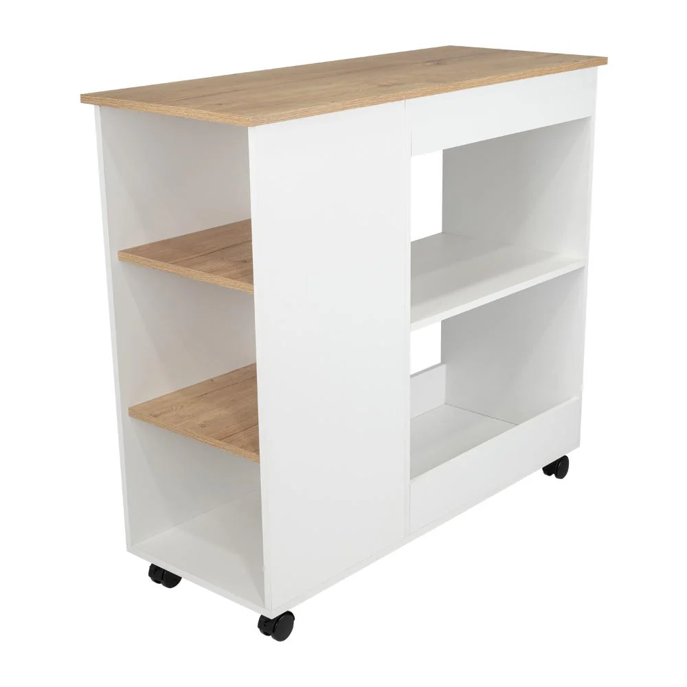 MESA AUXILIAR DE COCINA CORALYN, BLANCO Y CAFÉ CLARO, CON TRES ENTREPAÑOS Y RODACHINES - Image 4