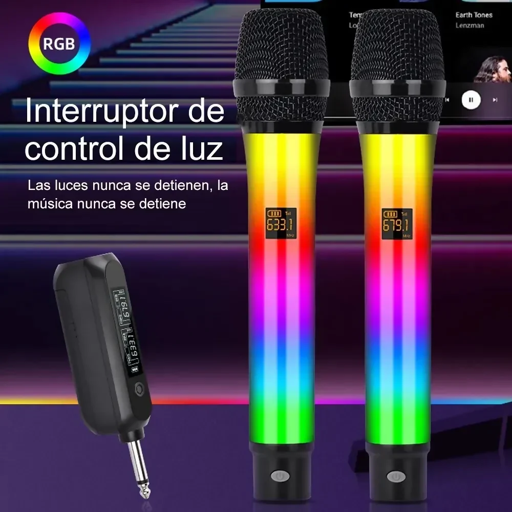 MICRÓFONO INALÁMBRICO DOBLE KARAOKE DINÁMICO PROFESIONAL RGB - Image 5