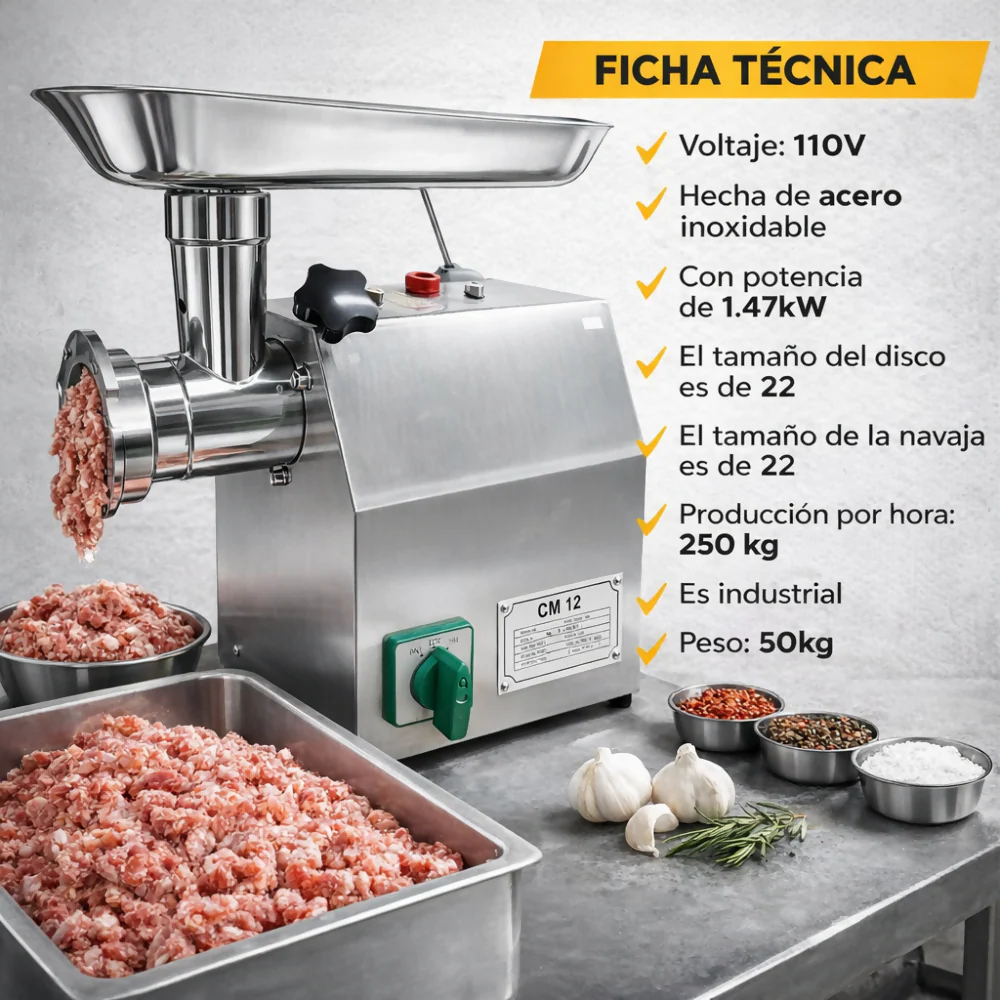 MOLINO CARNE INDUSTRIAL PICADOR ELÉCTRICO 12 ACERO 1HP 110V 110V - Image 5