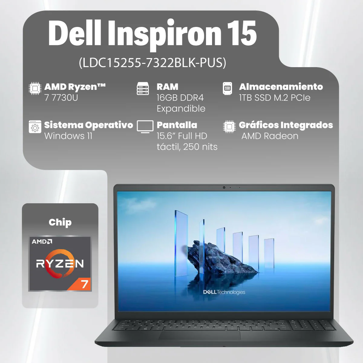 PORTATIL DELL LDC15255 7322BLK PUS 15.6" FHD TOUCHSCREEN RYZEN 7 7730U 16GB RAM 1TB SSD WIN11 - BLACK 884116430322 - Image 4