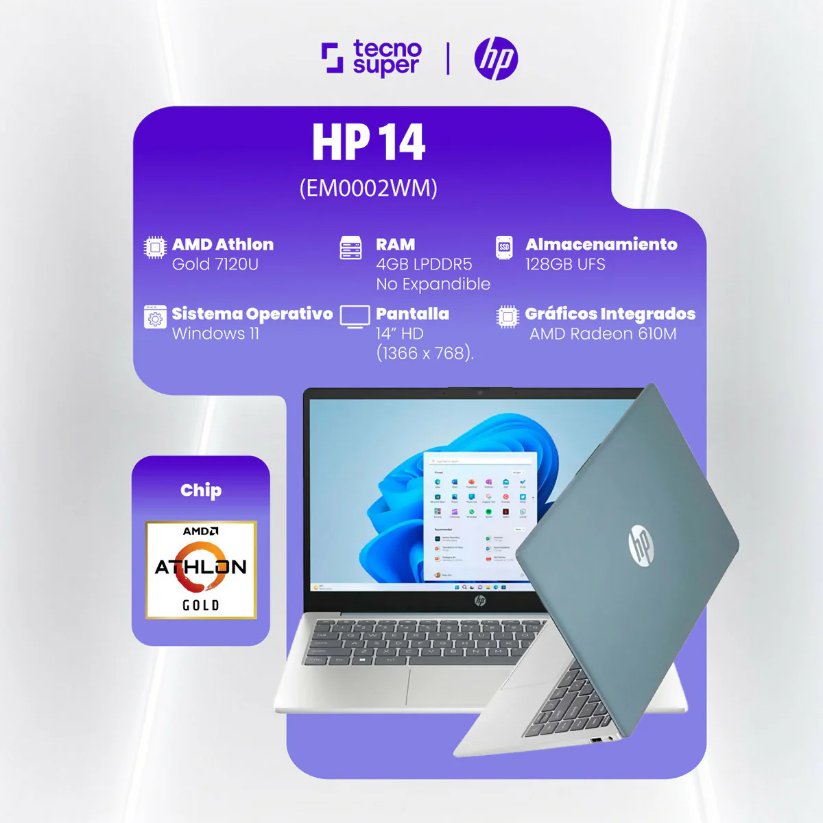 PORTATIL HP 14-EM0002WM 14" HD ATHLON SILVER 7120U 4GB 128GB WIN 11 MOONLIGHT BLUE - Image 4