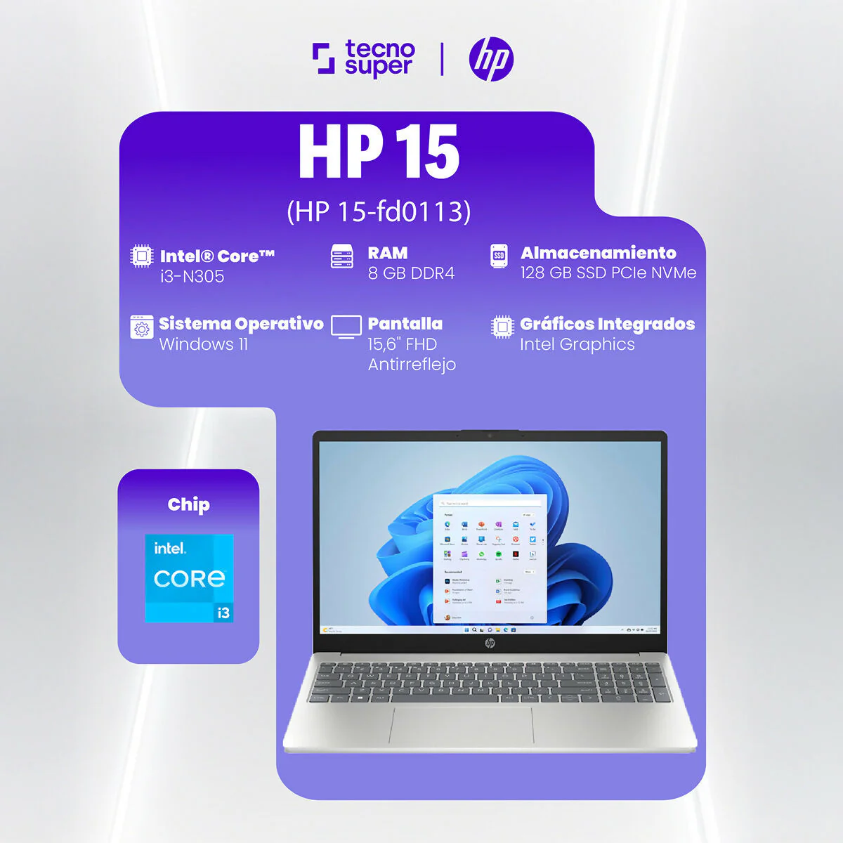 PORTATIL HP 15-FD0113 15.6" FHD I3-N305 8GB 128GB WIN 11 NATURAL SILVER - Image 4
