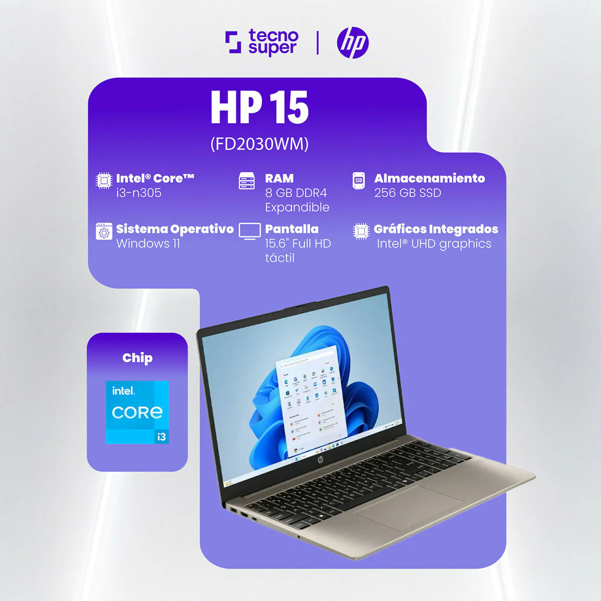 PORTATIL HP 15-FD2030WM 15.6"FULL HD TOUCHSCREEN CORE I3-N305 8GB 256GB SSD WIN 11 - Image 3