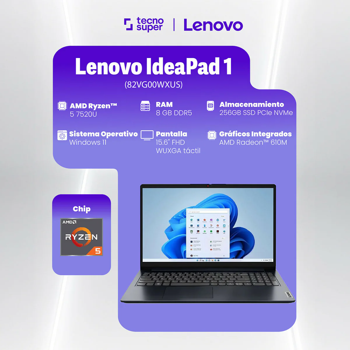 PORTATIL LENOVO 82VG00WXUS IDEAPAD 1 15.6" FULL HD RYZEN 5 7520U 8 GB 256 GB SSD WIN 11 - Image 3