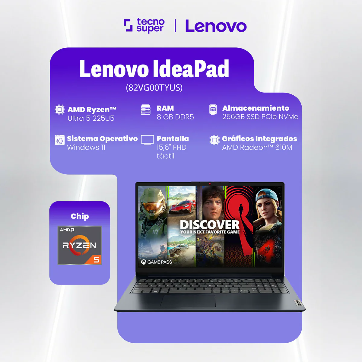 PORTATIL LENOVO IDEAPAD 15.6" FULL HD TOUCHSCREEN RYZEN 5 7520U 8GB 256GB SSD WIN 11 ABYSS BLUE 82VG00TYUS -198155777660 - Image 4