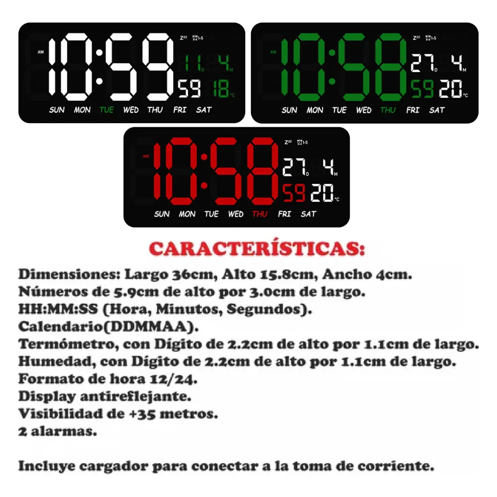 RELOJ DIGITAL LUZ LED CALENDARIO TEMPERATURA ALARMA DE PARED - Image 3
