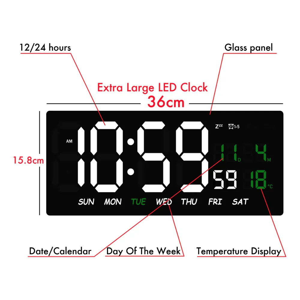 RELOJ DIGITAL LUZ LED CALENDARIO TEMPERATURA ALARMA DE PARED - Image 4