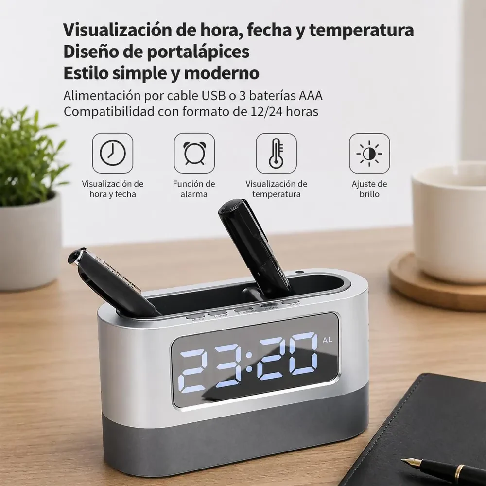 RELOJ MESA PANTALLA DIGITAL PORTA LAPICEROS MULTIFUNCIONAL MODERNO OFICINA - Image 2