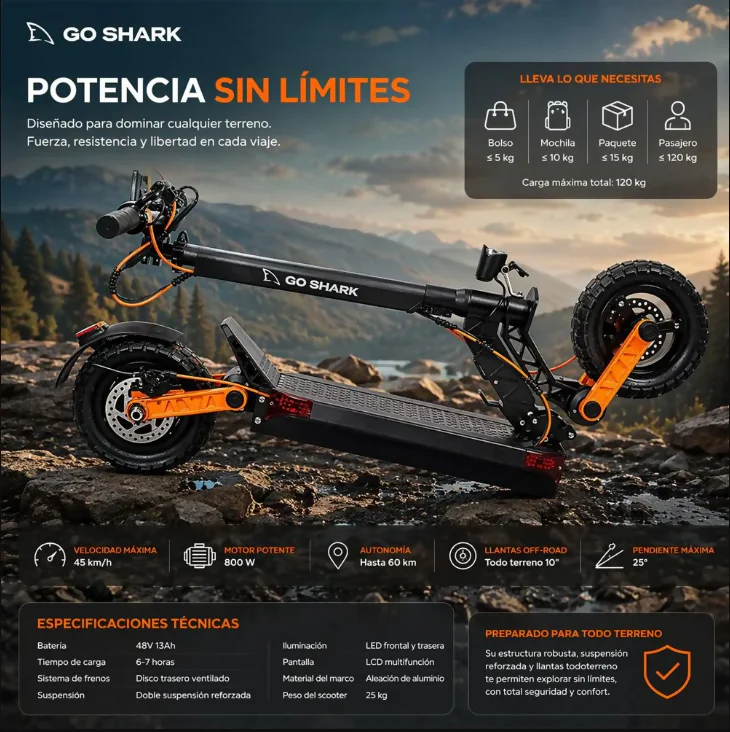 SCOOTER PATINETA ELÉCTRICA PRO GO SHARK 800W PANTALLA DIGITAL RUEDA ANCHA - Image 5