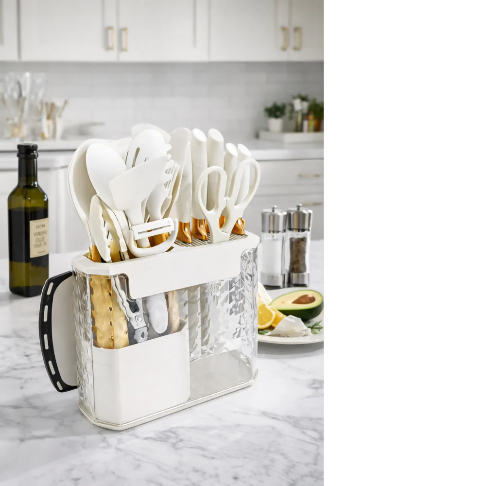 SET DE UTENSILIOS DE COCINA EN SILICONA X16 PIEZAS CON BASE DE ACRÍLICO