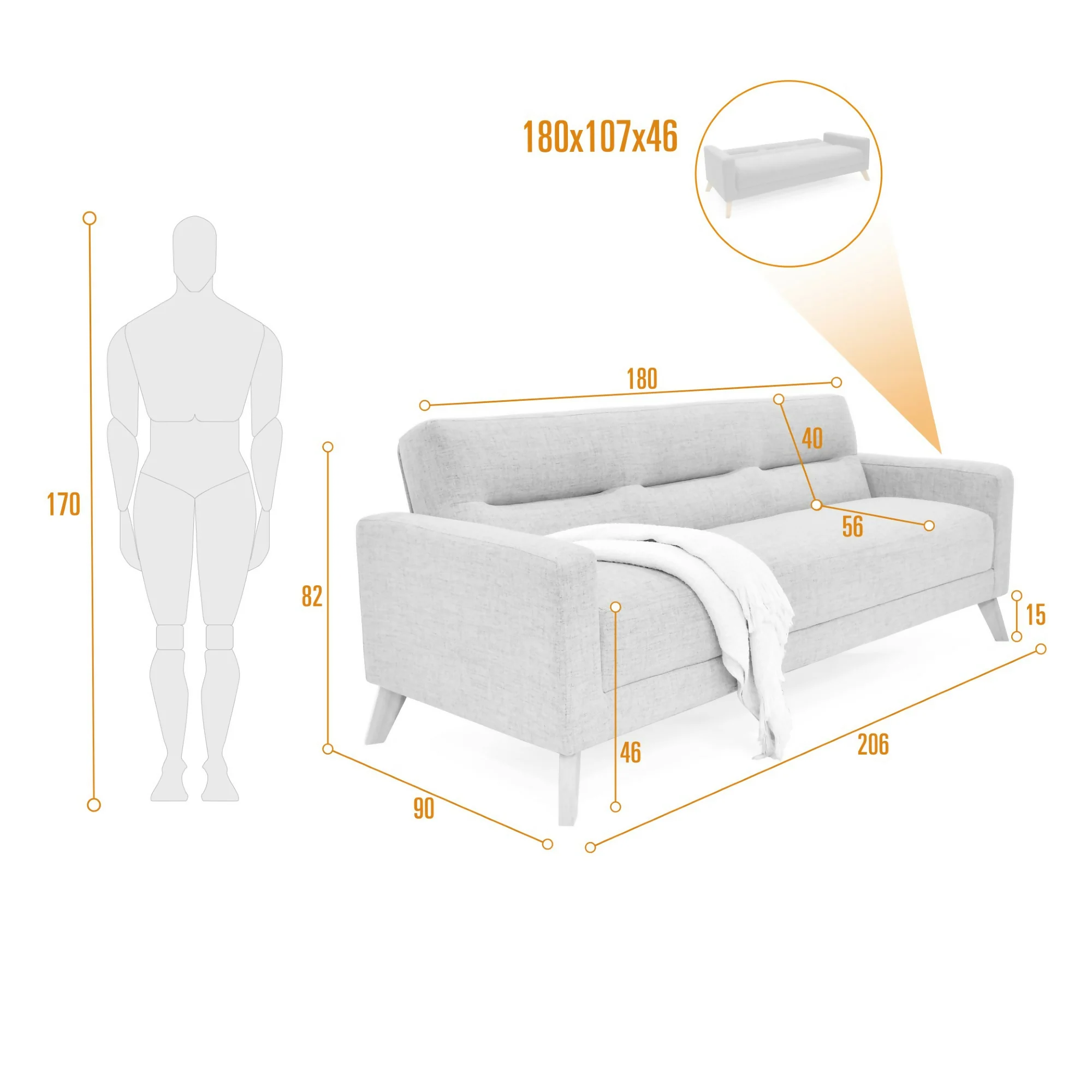 SOFA CAMA 3 POSICIONES SION 206X90X82 TELA GRIS - Image 8