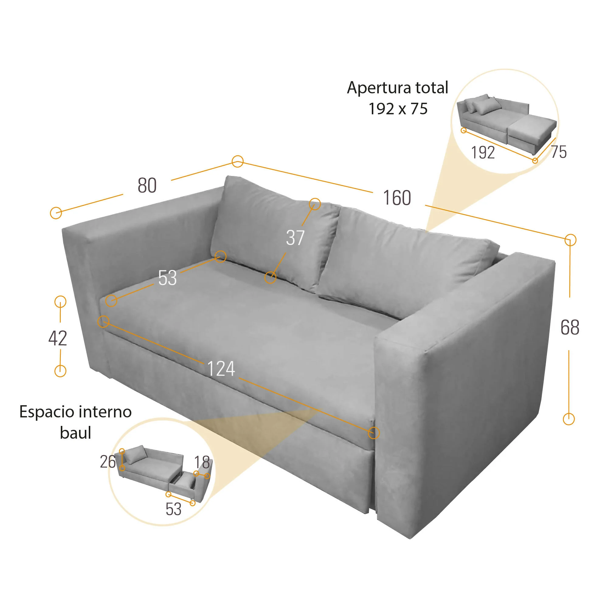 SOFA CAMA BAXTER 160x80x68 CON BAUL TELA PLATA - Image 8